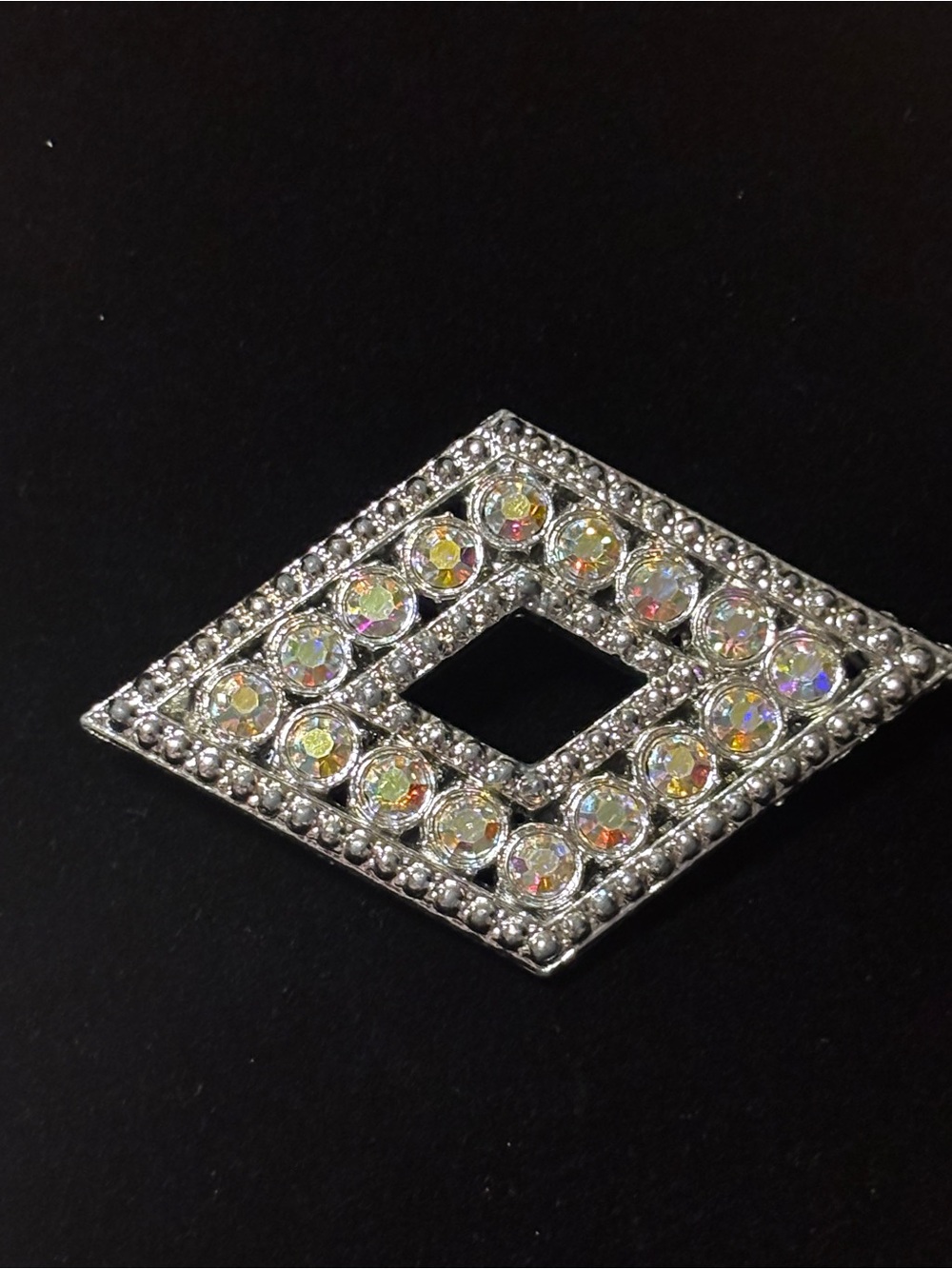 Deco Mid Century Diamond-Shaped Brooch with Aurora Borealis Crystals Signed MWCA